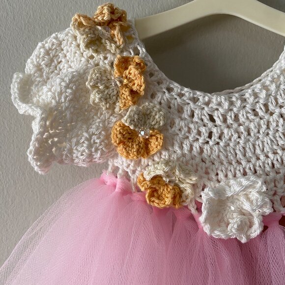 Handmade Cotton Crochet White Orange Light Pink Tulle Doll Teddy Bear Tutu Dress - Picture 6 of 12